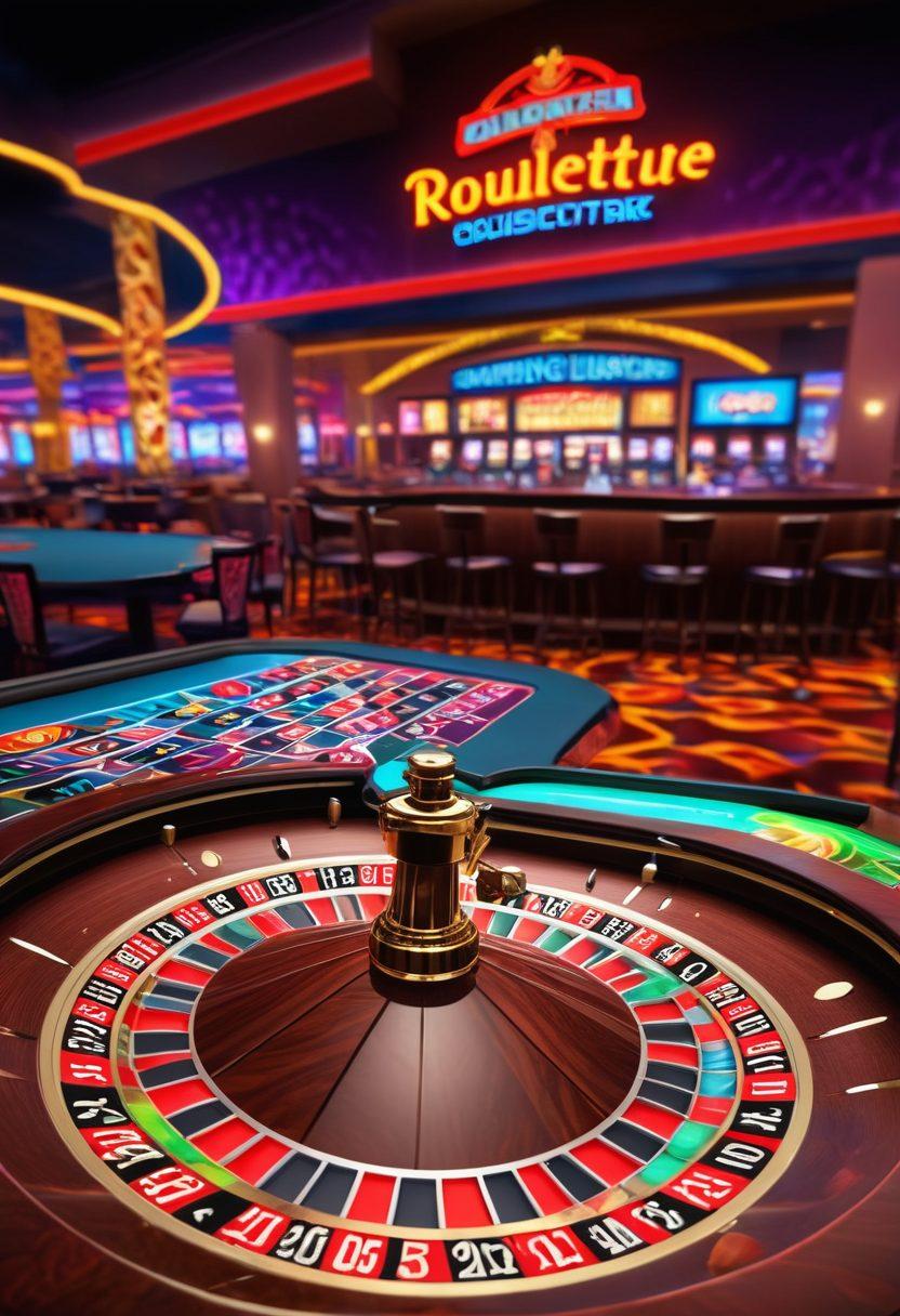 A vibrant digital casino scene with glowing slot machines and animated table games in action. Include excited players at a roulette table and colorful chips scattered around, with enticing neon lights reflecting the thrill of gaming. Capture a sense of adventure with a dynamic perspective, showcasing both machines and tables. super-realistic. vibrant colors. neon lights.