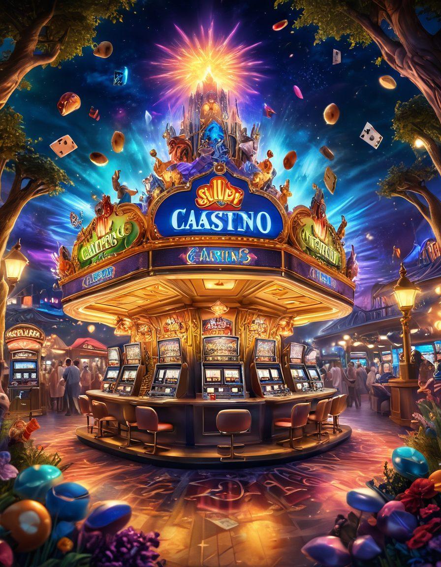 A whimsical fantasy casino scene where vibrant colors explode from magical slot machines, enchanted cards float in the air, and joyful characters with diverse expressions celebrate wins. Ethereal lights and mystical creatures add to the lively atmosphere, while an inviting path leads deeper into the wonderland. super-realistic. vibrant colors. whimsical style.