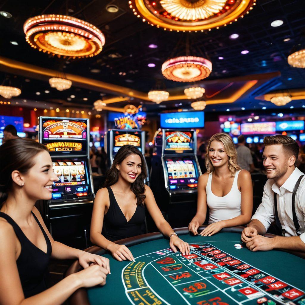 A vibrant casino scene depicting a diverse group of joyful players enjoying various games like poker, roulette, and slot machines. Bright lights and colorful decorations create an inviting atmosphere, with a cheerful dealer interacting with players at a lively blackjack table. Banners displaying winning strategies and tips are scattered throughout the background, creating an educational yet fun environment. super-realistic. vibrant colors. lively atmosphere.